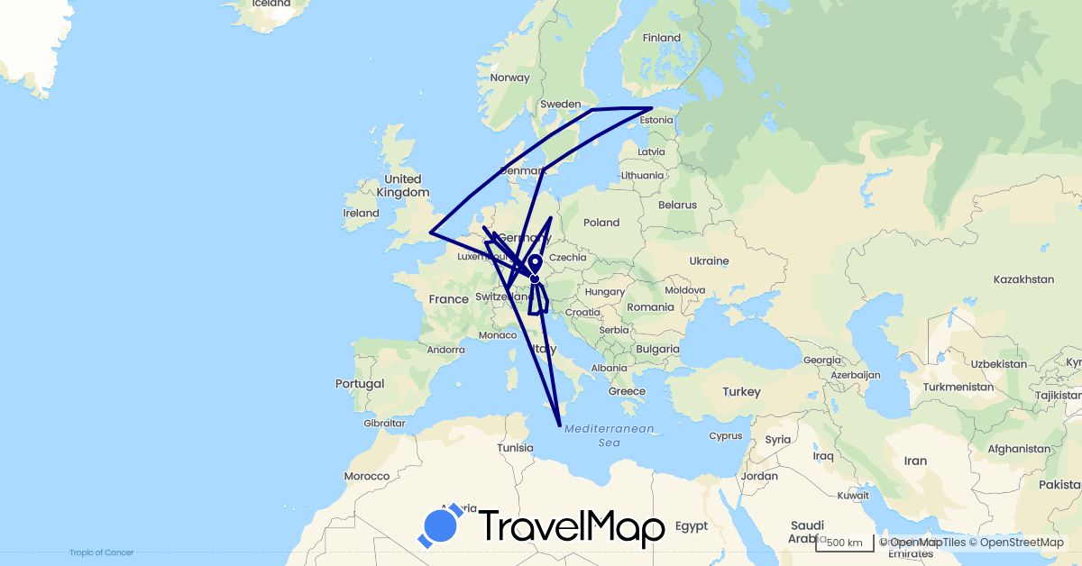 TravelMap itinerary: driving in Austria, Switzerland, Germany, Denmark, Estonia, United Kingdom, Italy, Malta, Netherlands, Sweden (Europe)